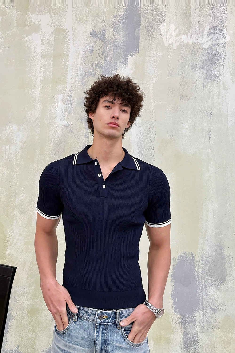 Retro Ribbed Polo Knit Light Blue