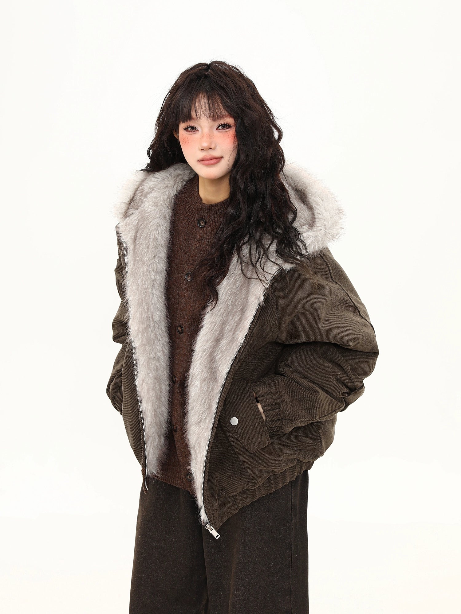 Moss Herringbone Faux Fur Collar Jacket