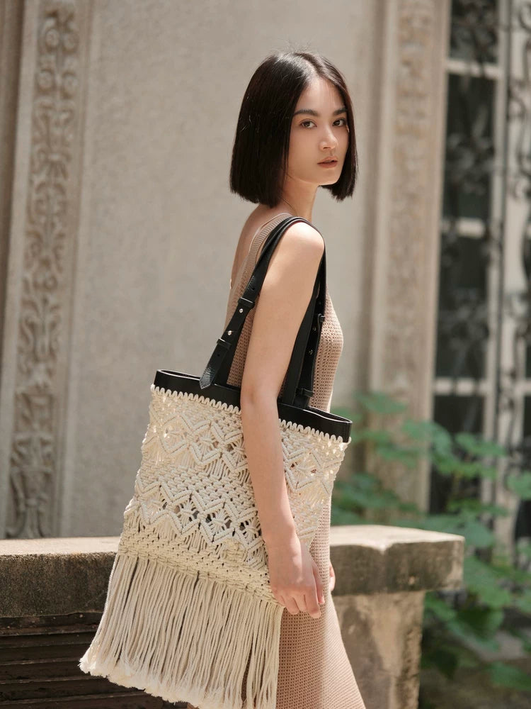 Woven Fringe Openwork Tote Bag - view 4