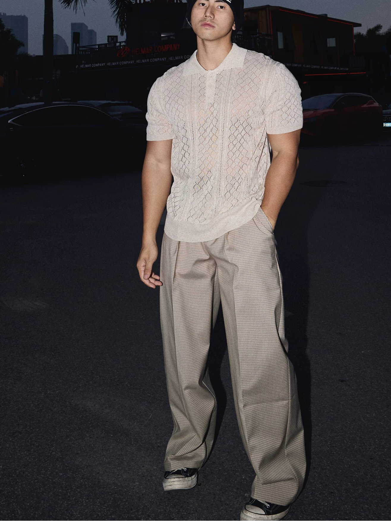 Sandstone Open‑Knit Lace Polo Tee