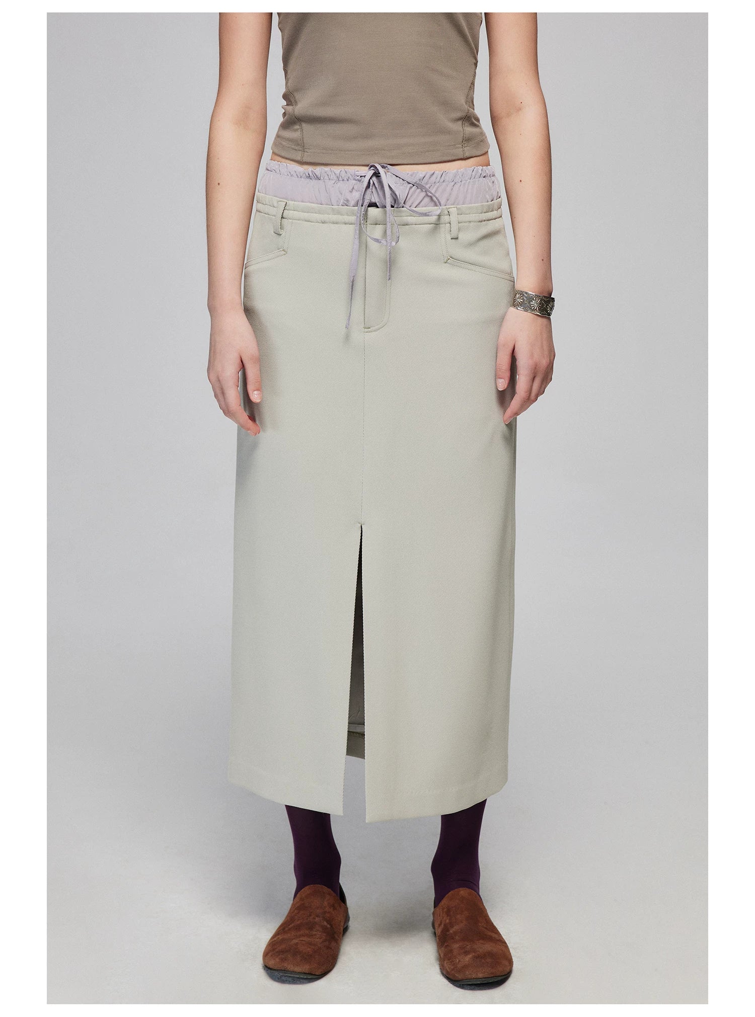 Layered Waist Front-Slit Midi Skirt