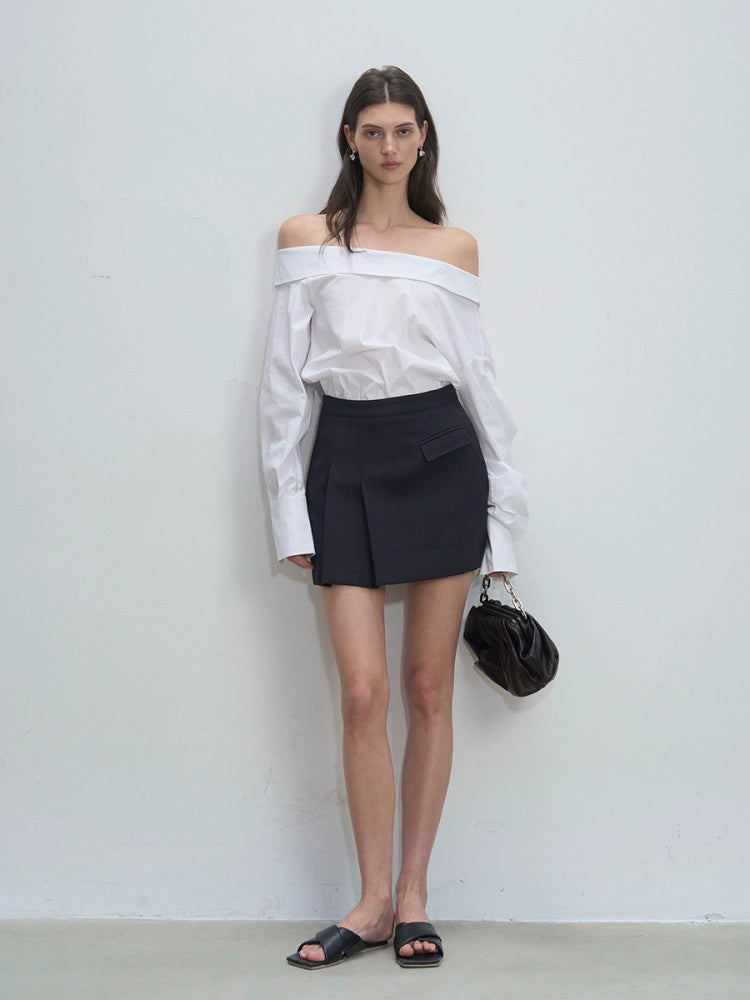 Navy Pleated Mini Skirt with Tab Detail