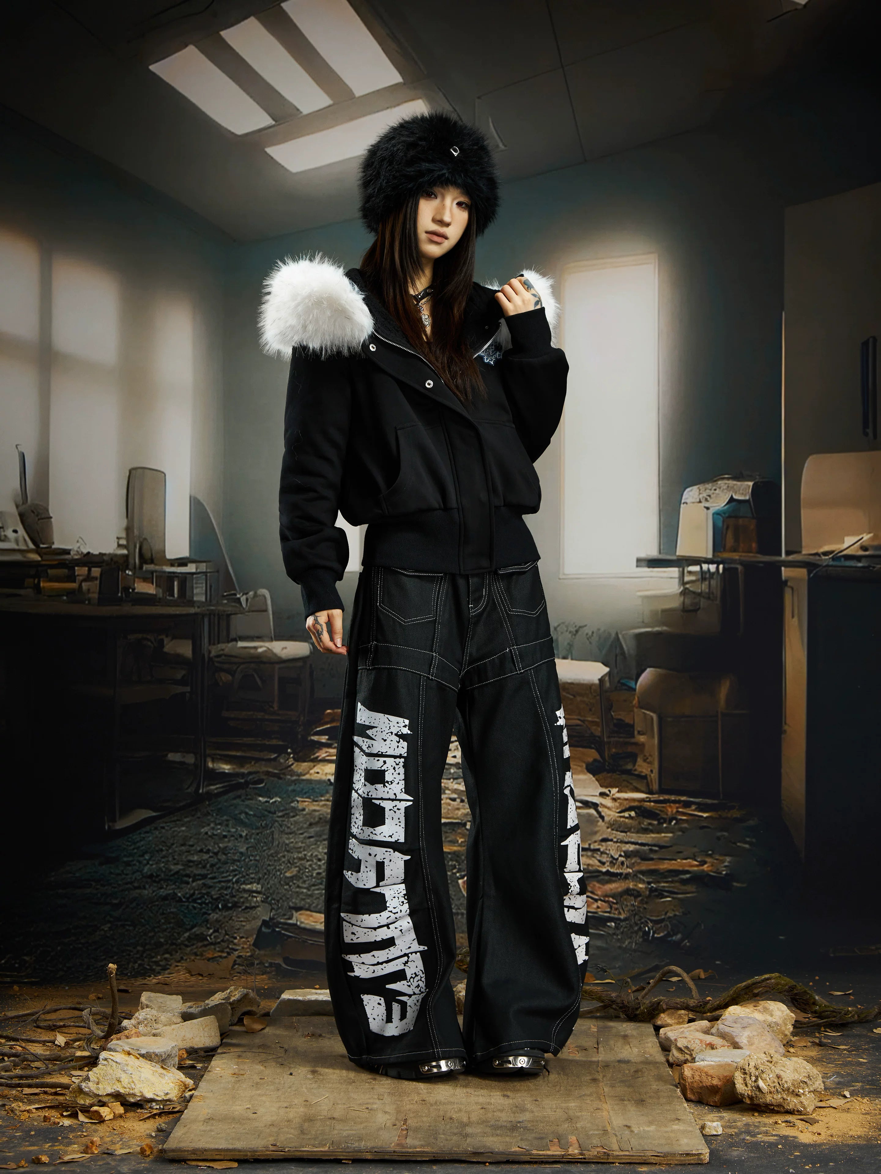 Wreckline Script Wide‑Leg Denim Pants