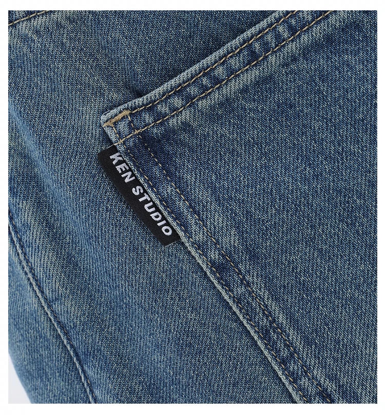 Blue Retro Loose Straight-Leg High-Waist Floor-Length Jeans - chiclara