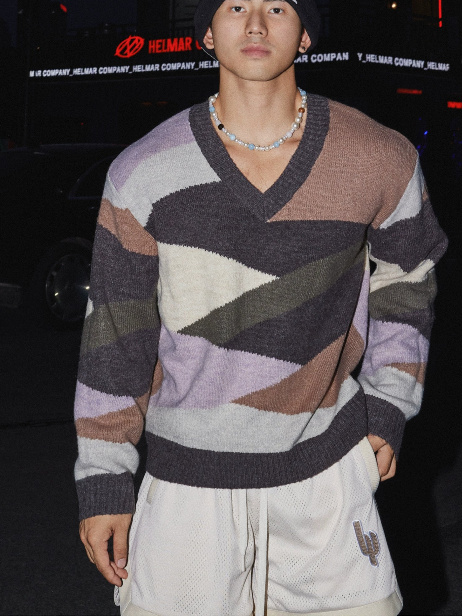 Retro Geo Stripe V-Neck Sweater