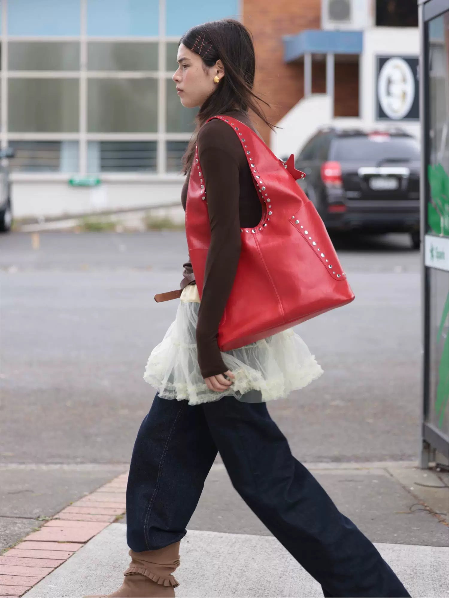 Studded Crimson Slouch Shoulder Bag - view 1