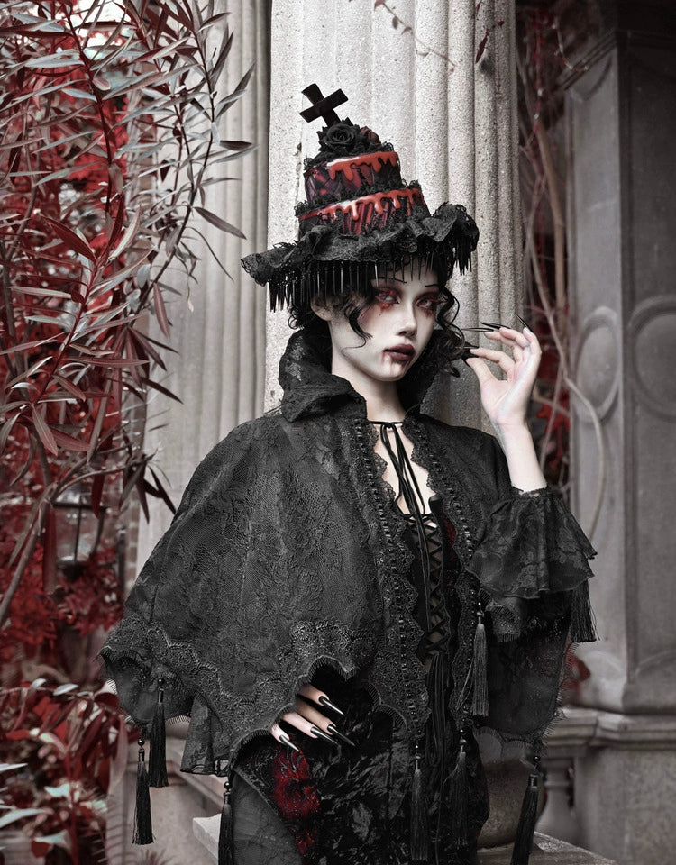 Gothic Lace High Collar Cape with Tassels