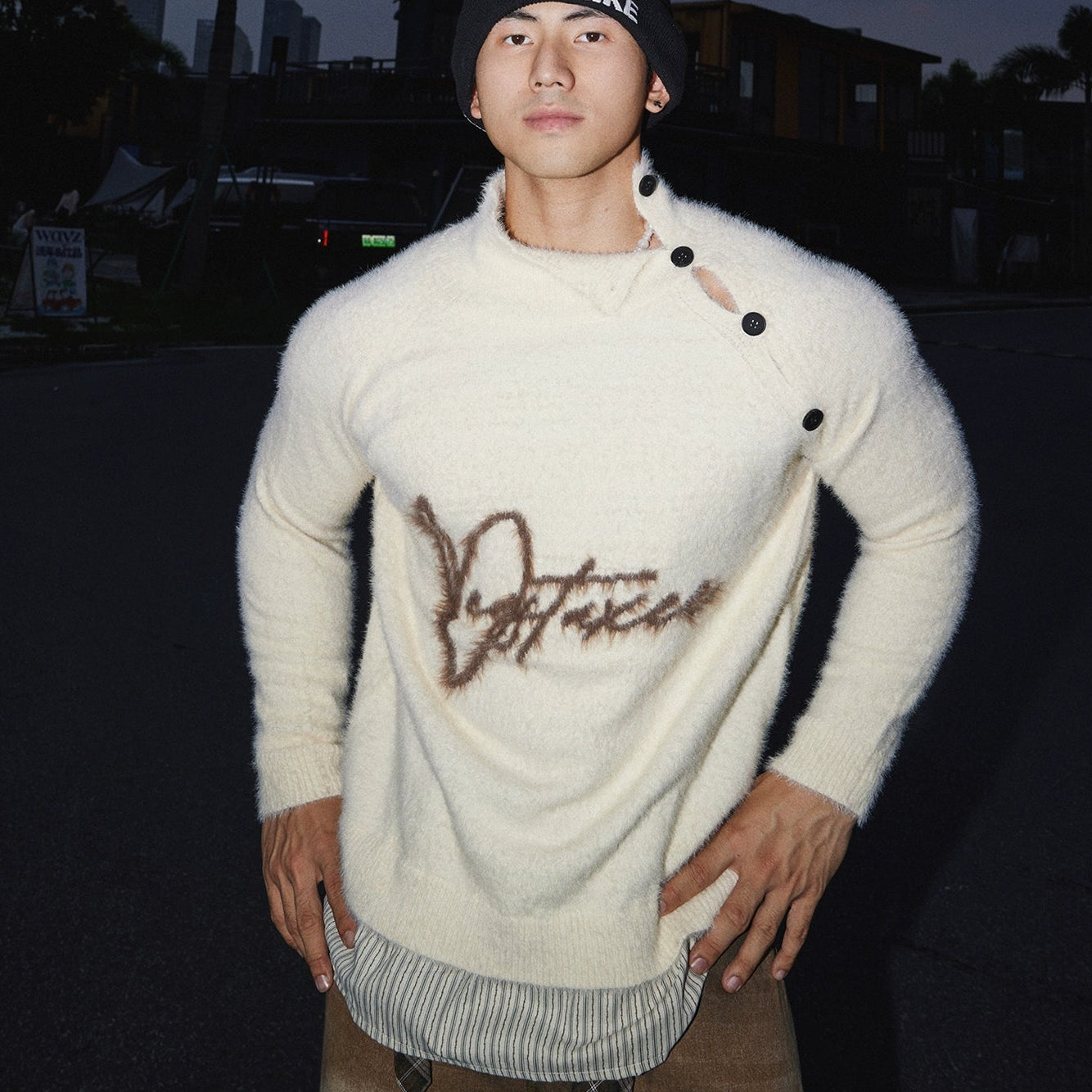 Frosted Script Asymmetrical Button Sweater