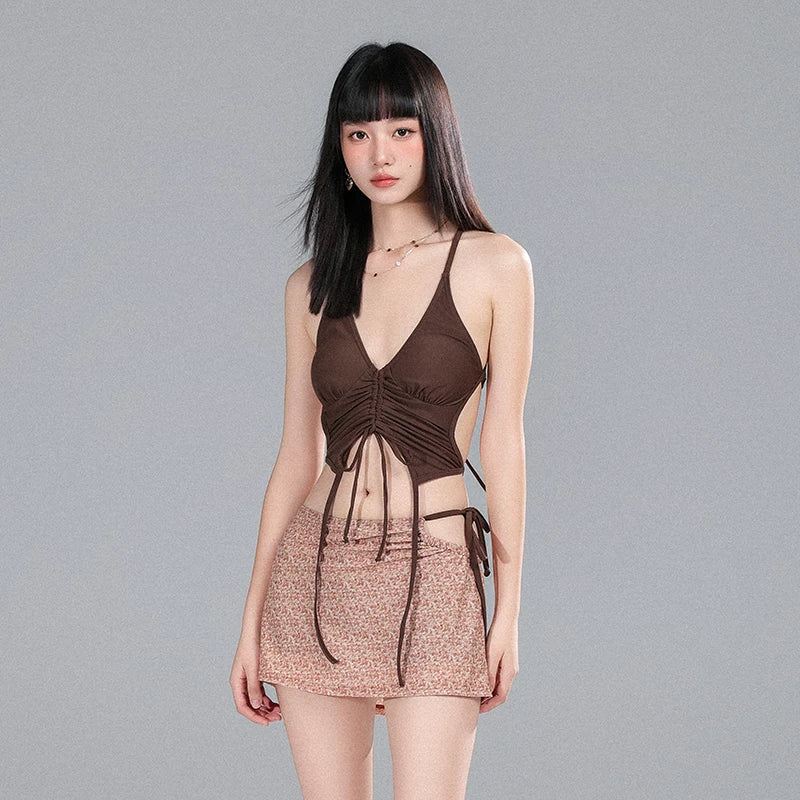 Mocha Cinch Halter Mini Skirt Set