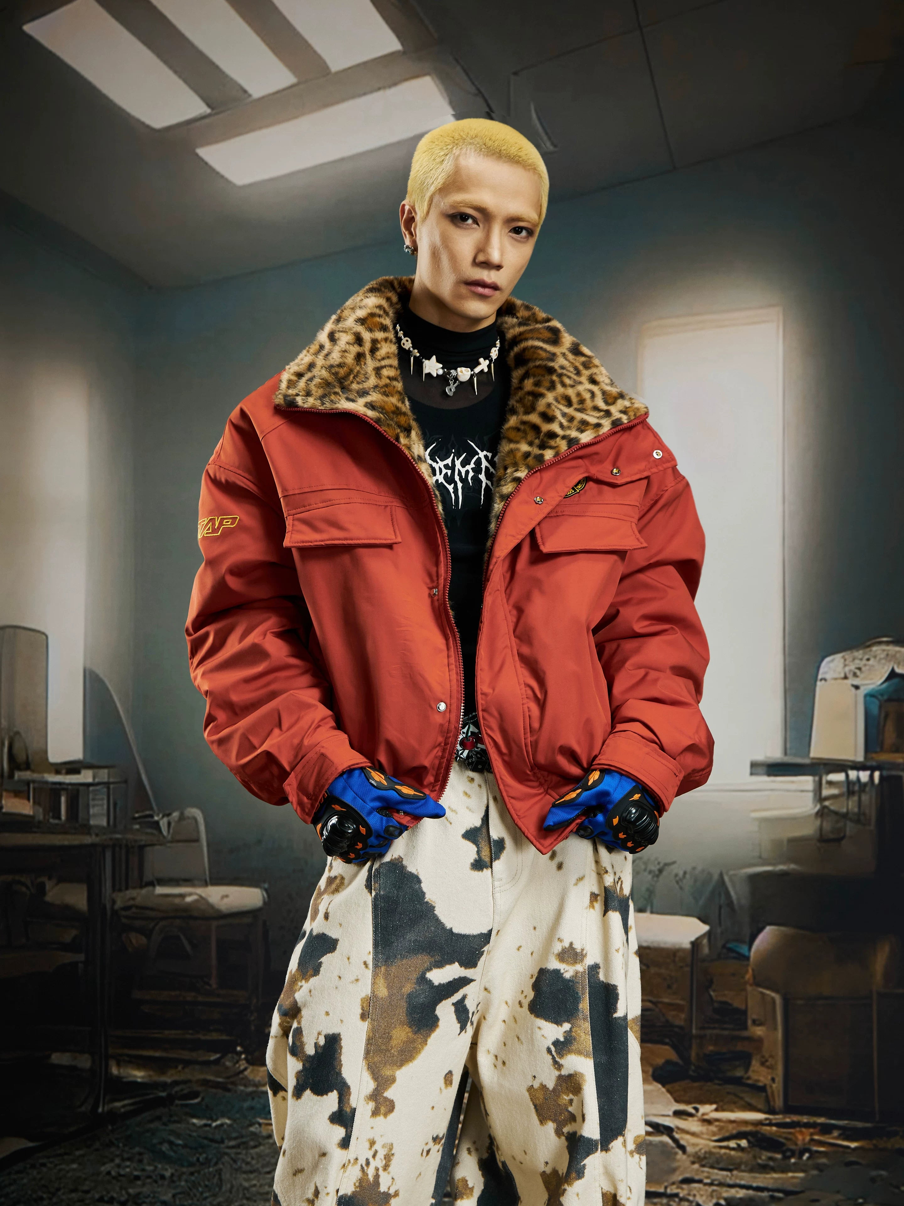 Ember Prowl Leopard‑Collar Bomber Jacket