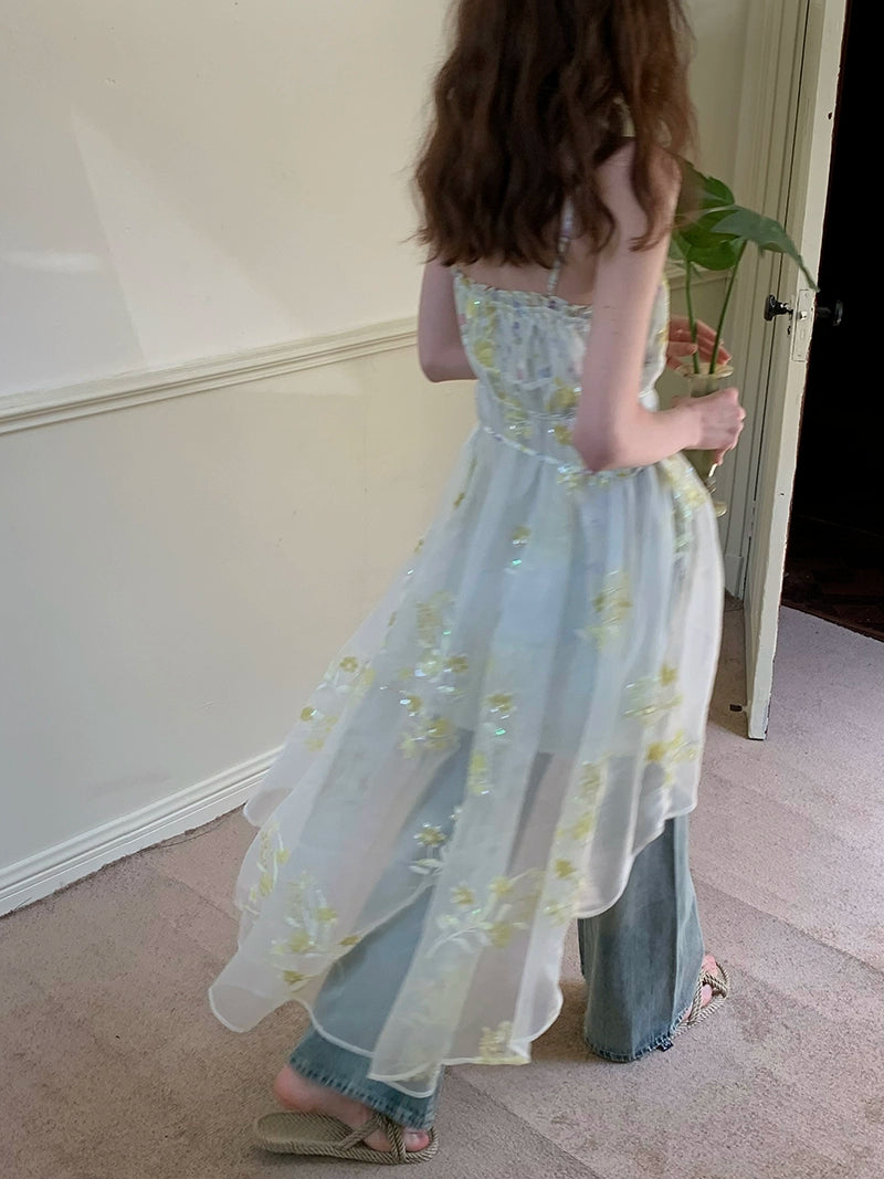 Floral Embroidered Tulle Midi Dress