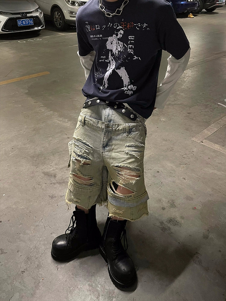 Shredded Edge Ripped Denim Shorts