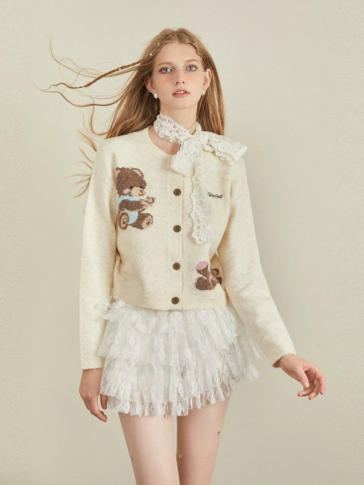 Teddy Bear Print Cropped Cardigan