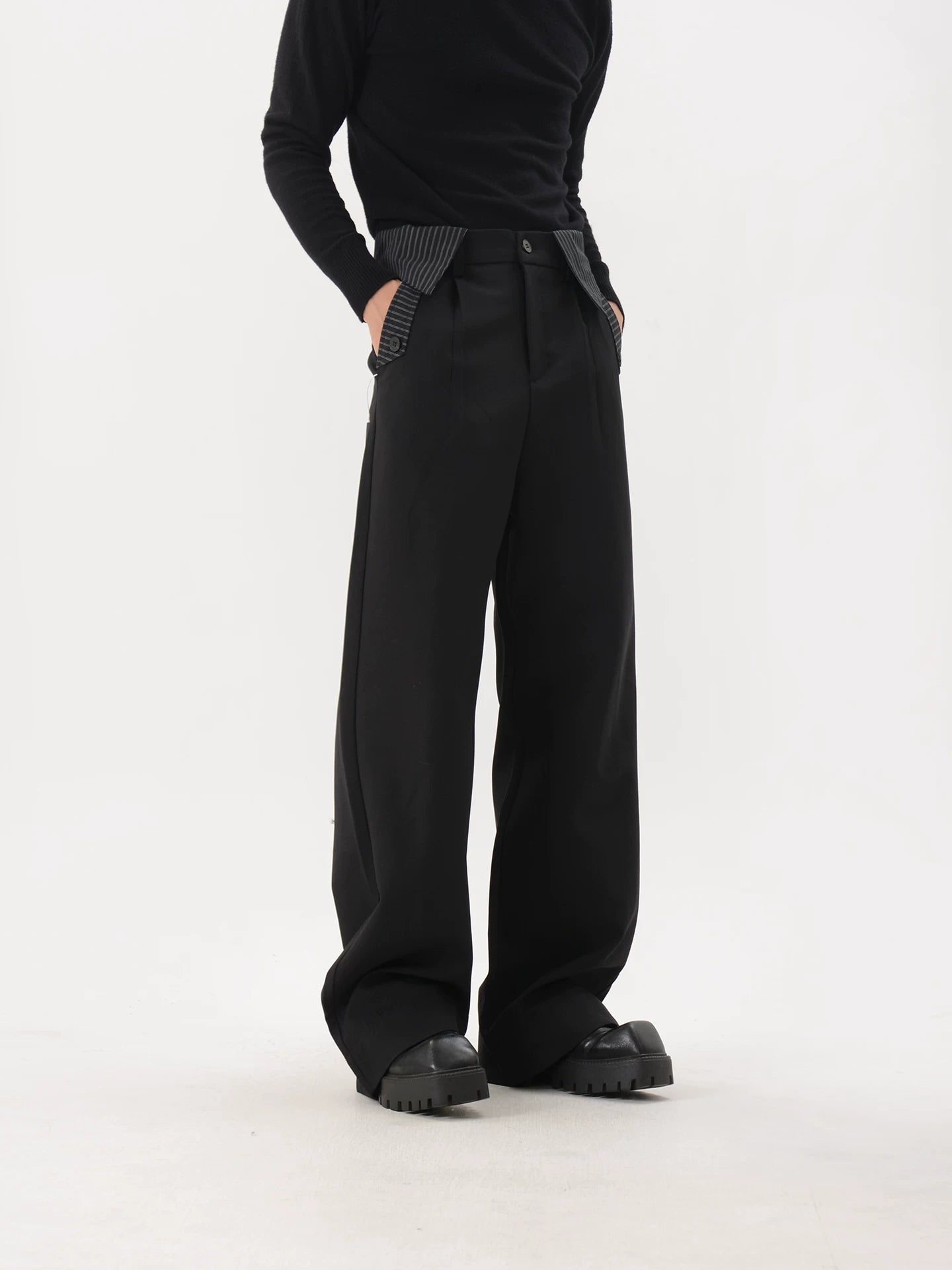 Black Pinstripe-Trim Wide-Leg Trousers
