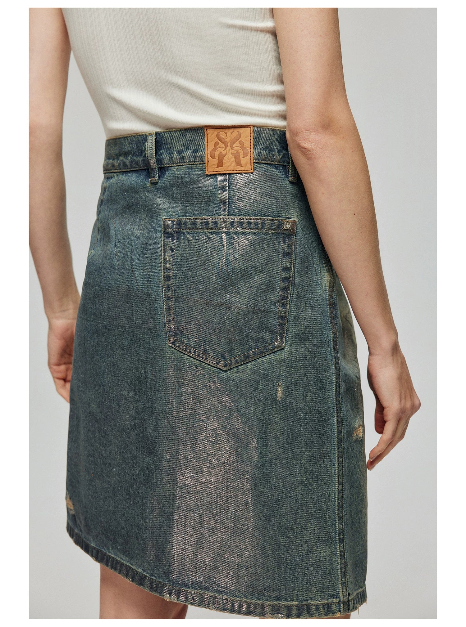 Distressed Denim Wrap Midi Skirt