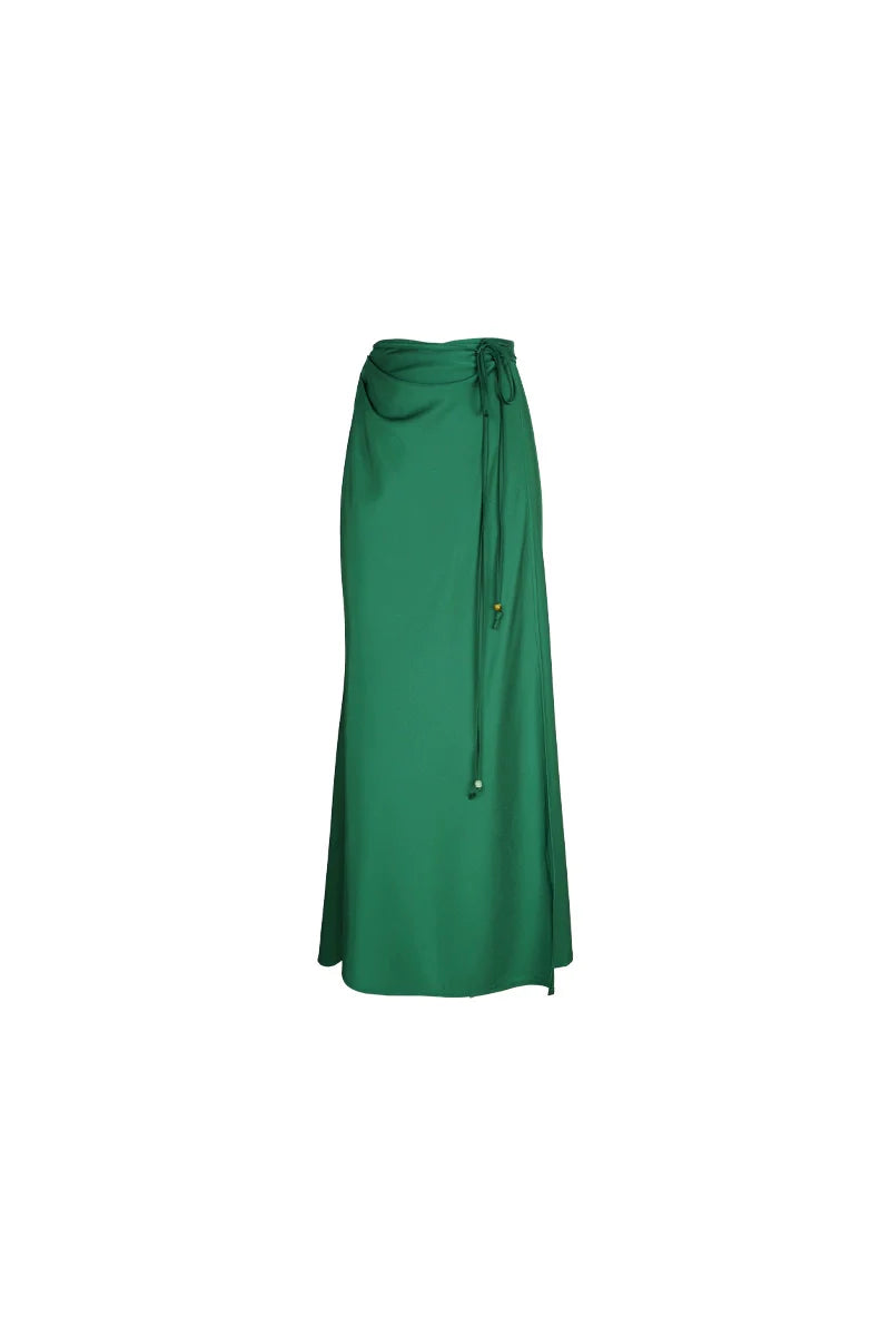 Lace-Up Satin Wrap Maxi Skirt