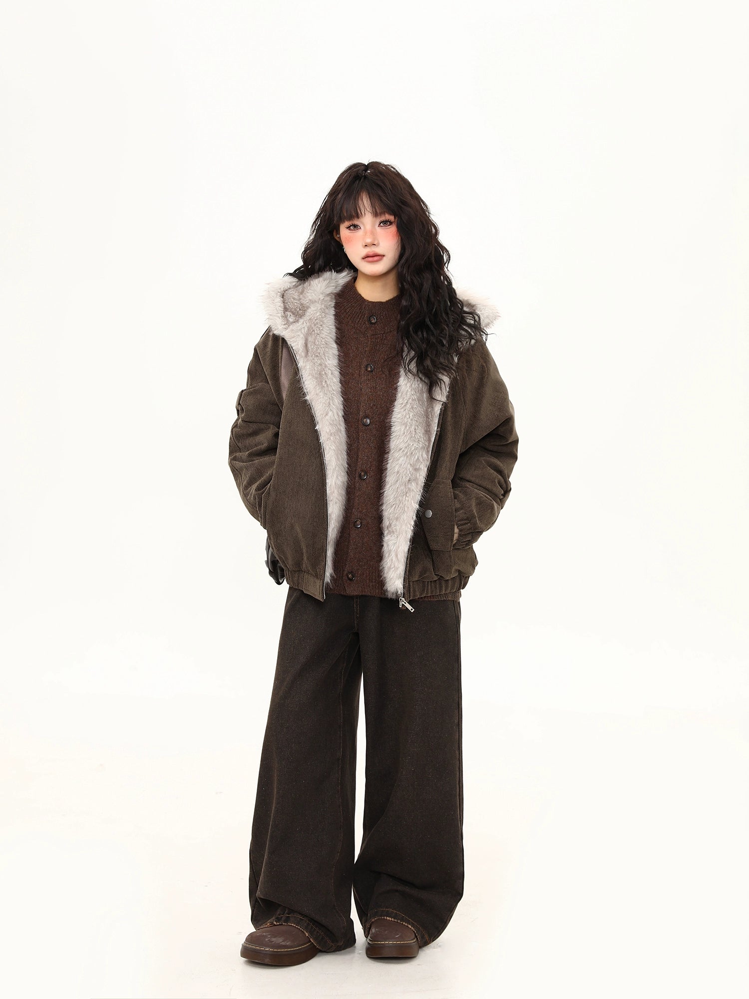 Moss Herringbone Faux Fur Collar Jacket