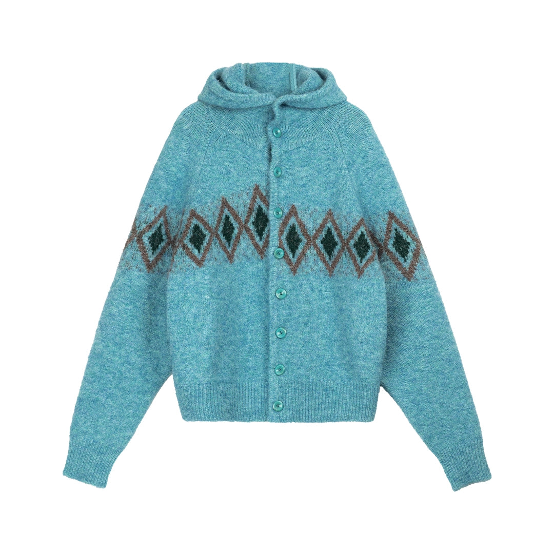 Diamond Pattern Hooded Wool Cardigan