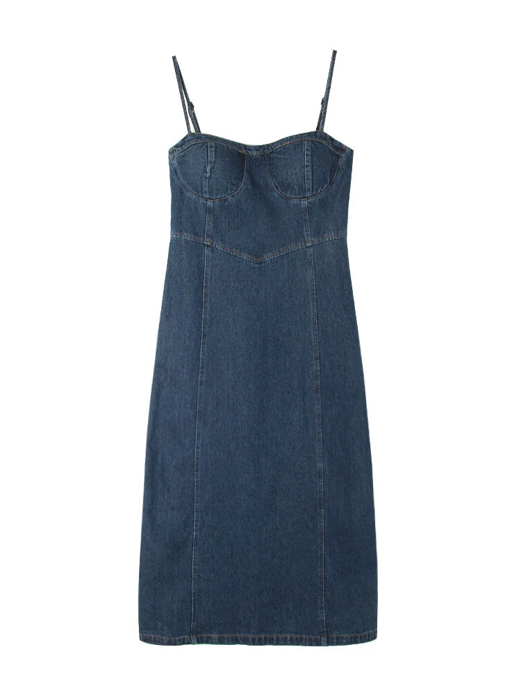 Dark Wash Denim Bustier Midi Dress