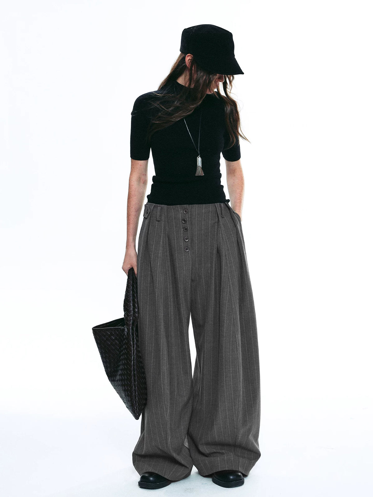 Exposed Button Pinstripe Wide Trousers