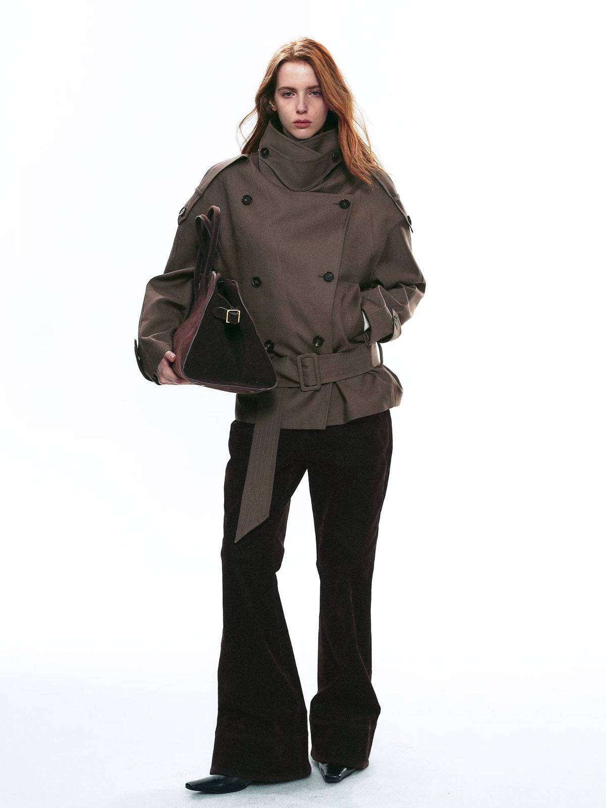 Draped Collar Belted Trench Jacket