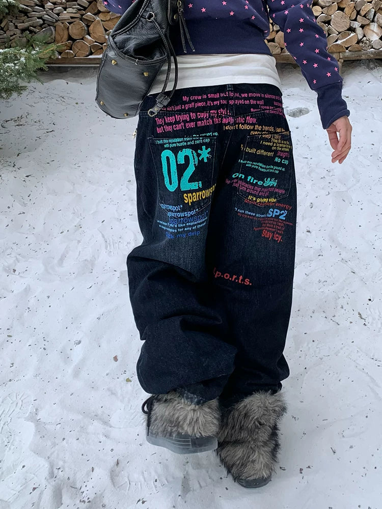 Neon Cipher Graffiti Wide-Leg Jeans