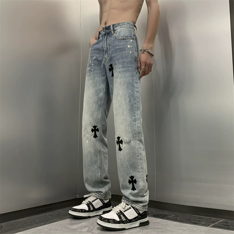 Vintage Wide Leg Denim Jeans with Cross Patches