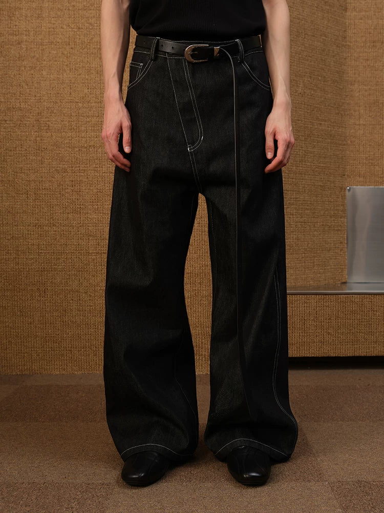 Black Contrast-Stitch Balloon Denim Trousers
