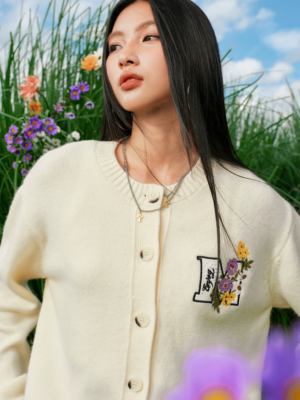 Floral Embroidered Button-Up Cardigan