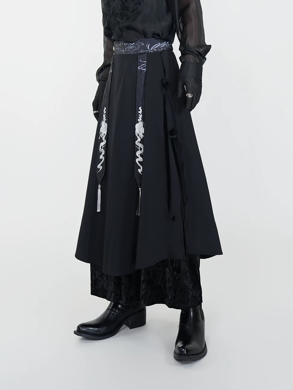 Serpent Sigil Layered Dragon-Tassel Hakama Skirt