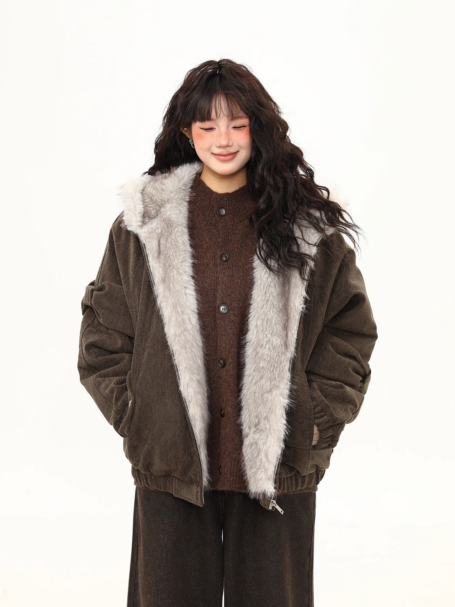 Moss Herringbone Faux Fur Collar Jacket