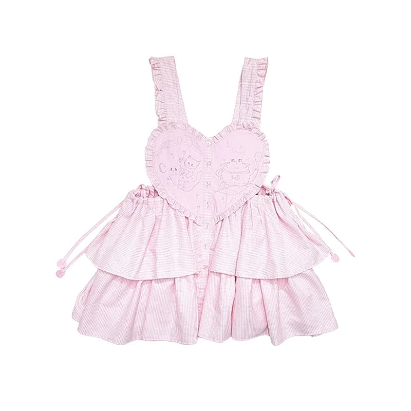 Pink Heart Ruffle Tiered Pinafore Dress