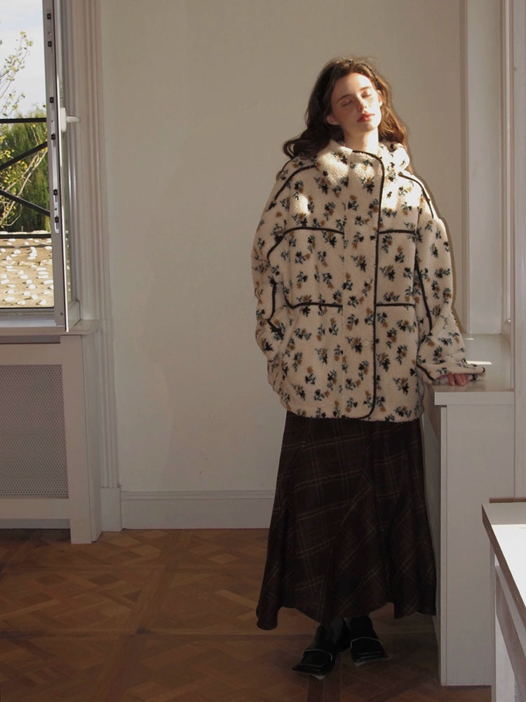 Floral Print Sherpa Jacket with Hood and Contrast Piping