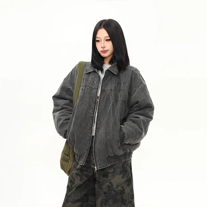 Charcoal Fade Utility Denim Bomber Jacket