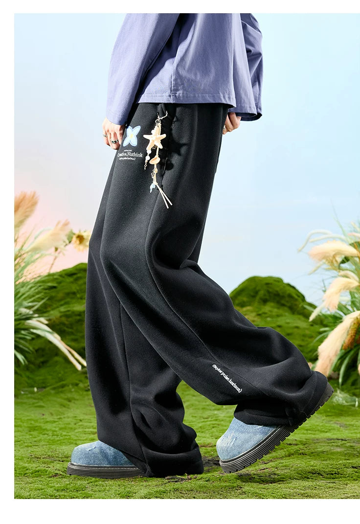 Embroidered Floral Drawstring Wide-Leg Sweatpants