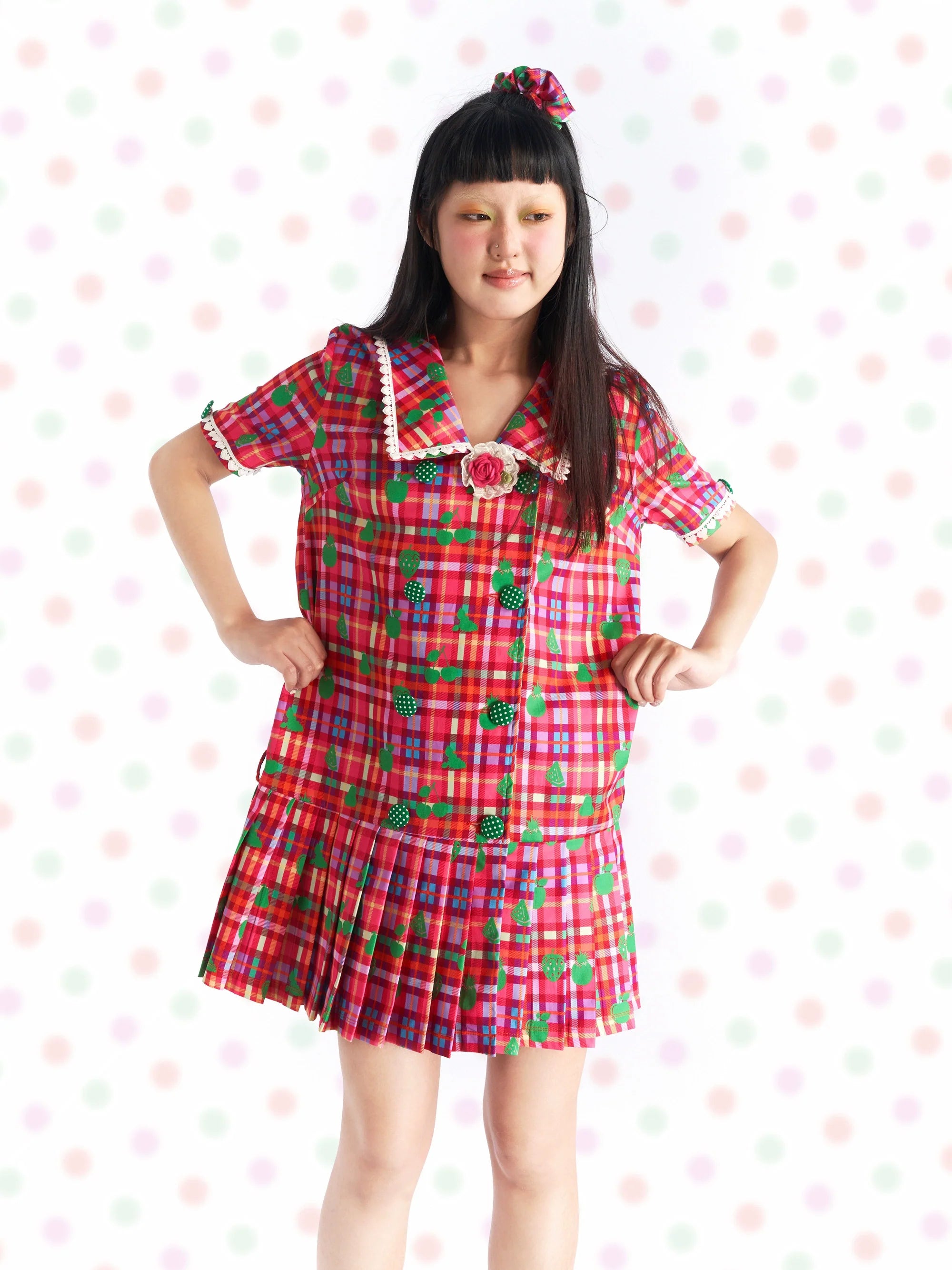 Pink Plaid Apple Print Pleated Dress