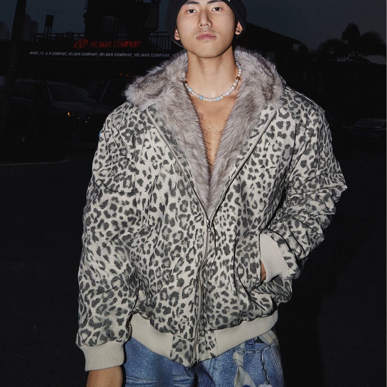 Leopard Print Faux Fur Collar Bomber Jacket