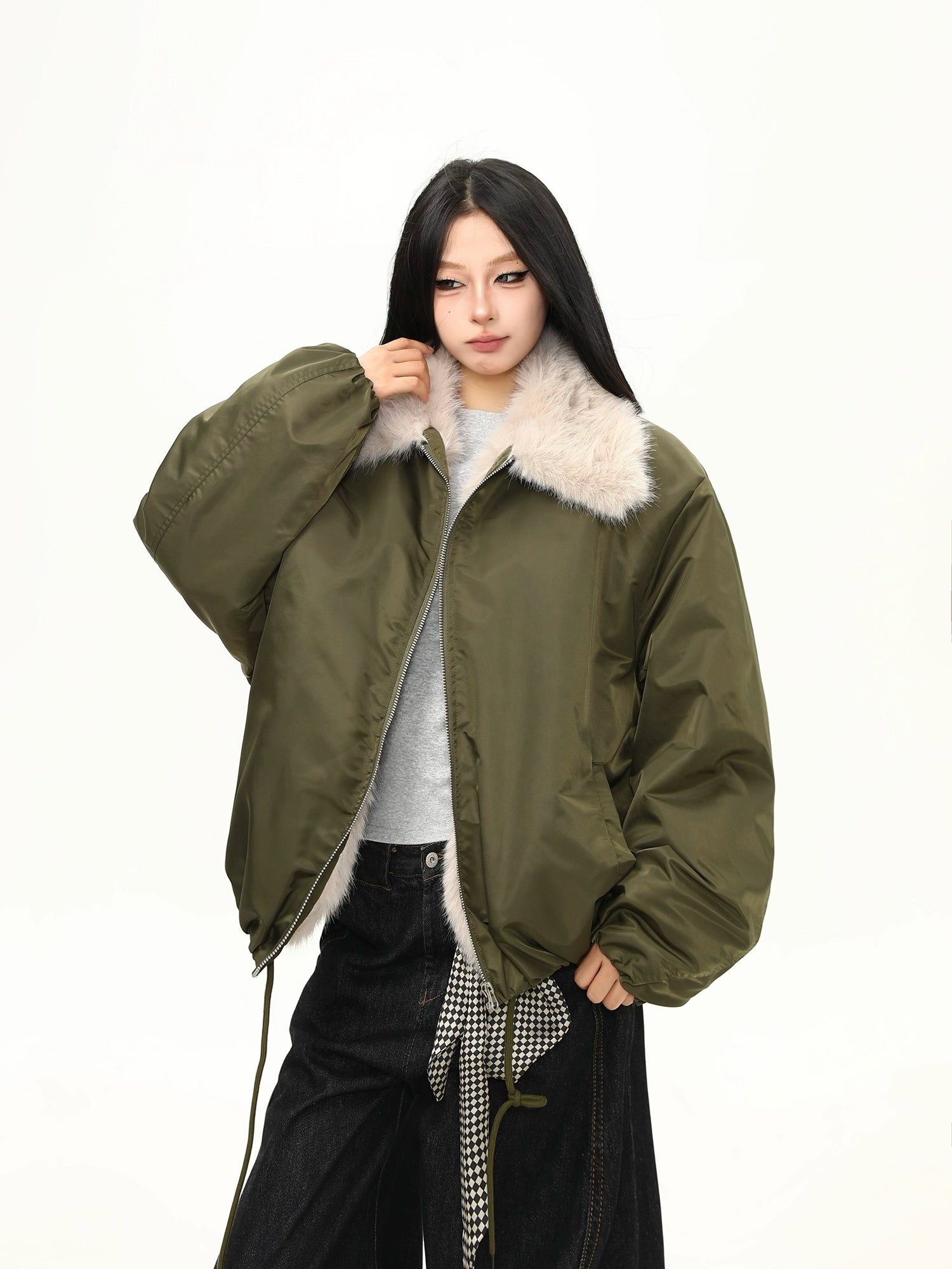 Olive Frost Faux Fur Collar Bomber Jacket