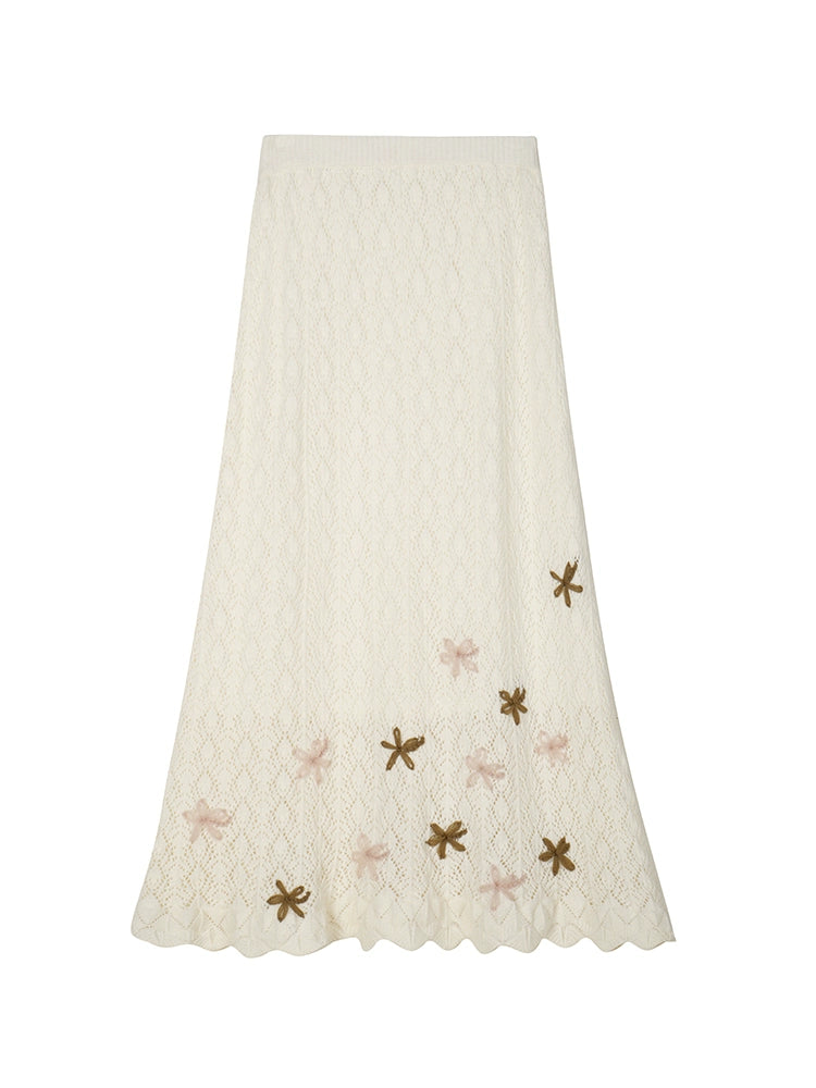 Embroidered Ruffle Trim Knit Cardigan and Skirt Setup