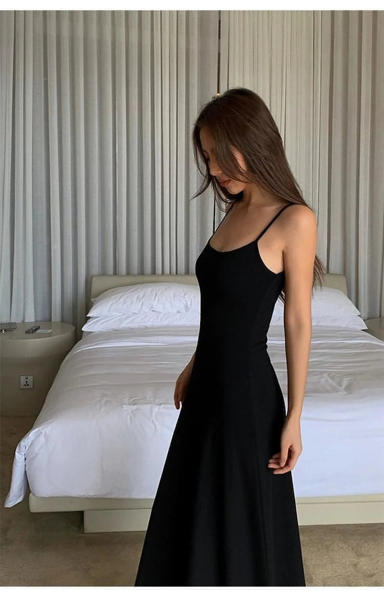 Summer Black Slimming Spaghetti Strap Midi Dress - chiclara