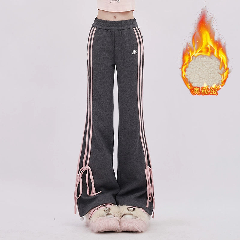 Gray Track Pants with Pink Stripes and Bow Detail
