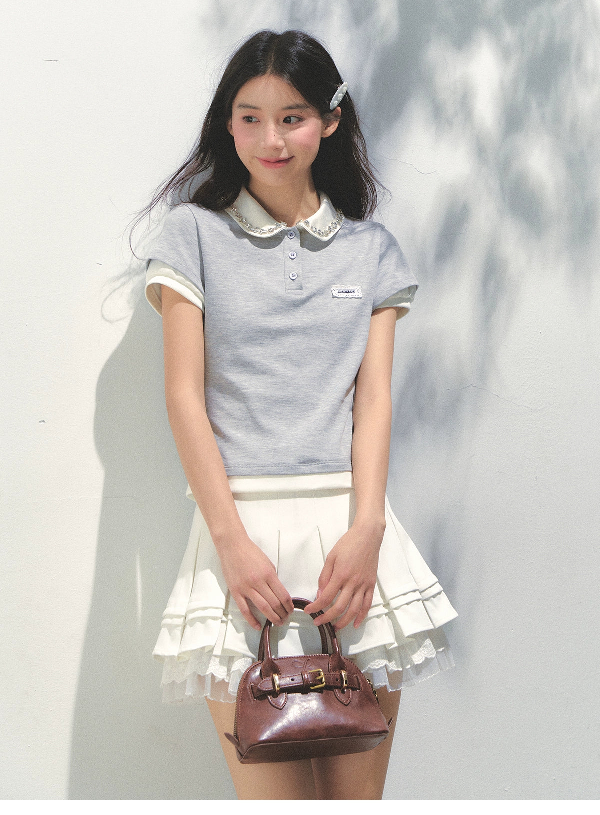 Lace Collar Cotton Polo Shirt