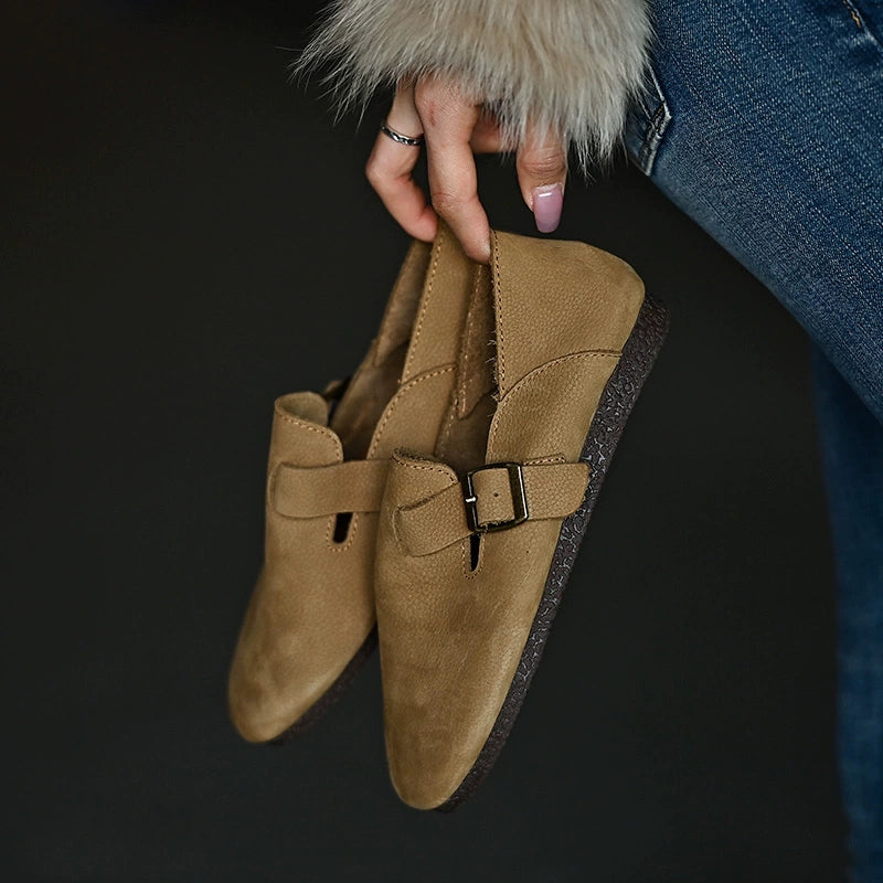 Tan Buckle Leather Slip Loafers