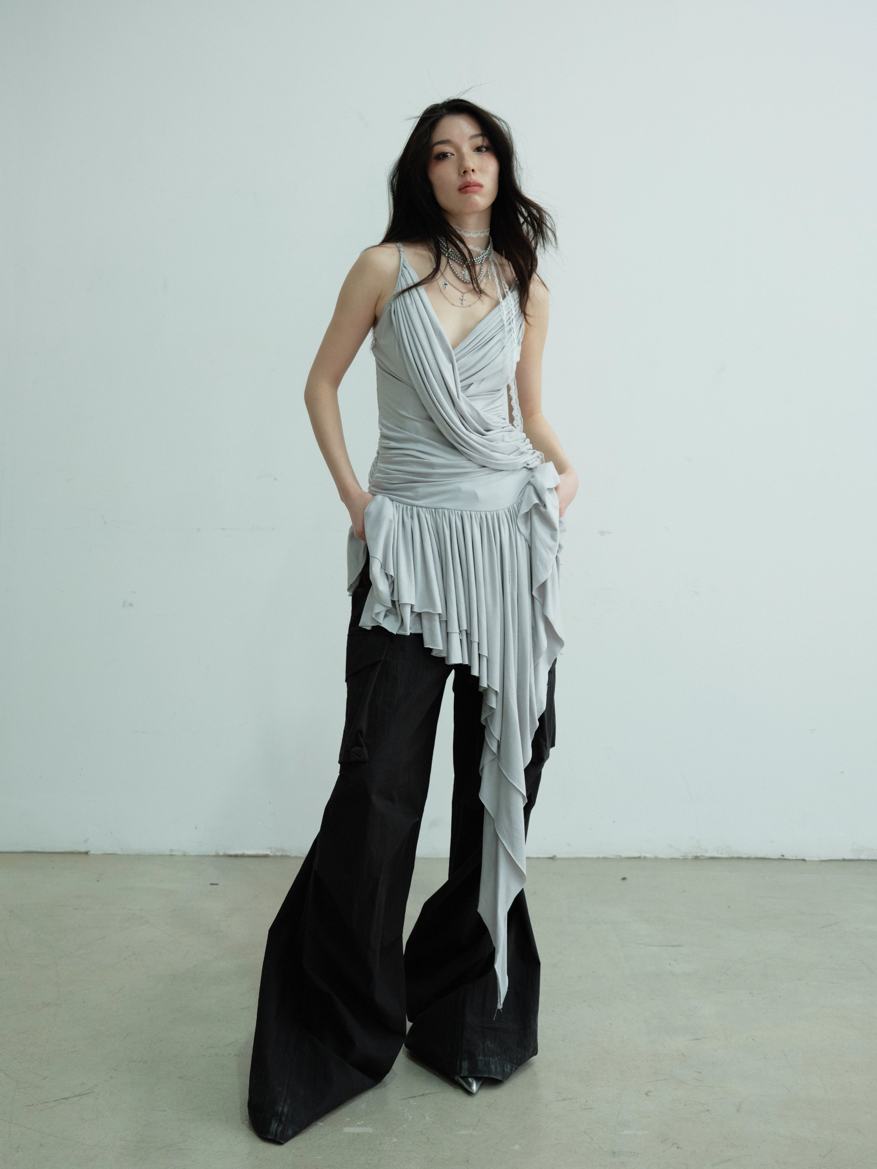 Draped Asymmetric Fringe Metallic Mini Dress