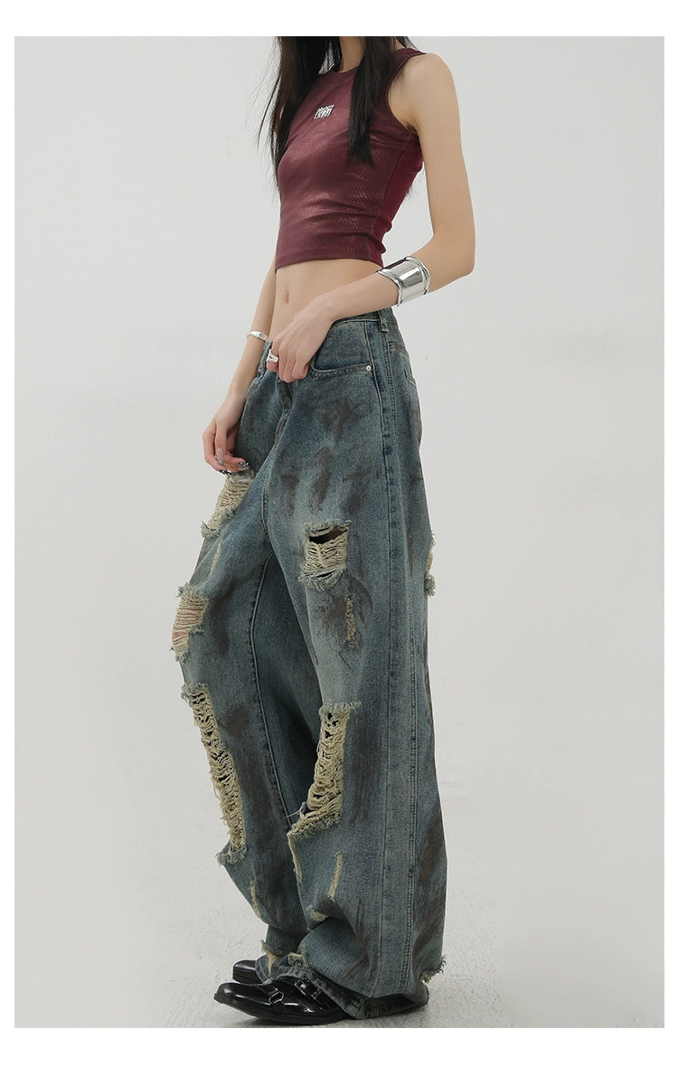 Retro Tie-Dye Distressed Wide-Leg Jeans With Washed Effect And Draping Fit - chiclara