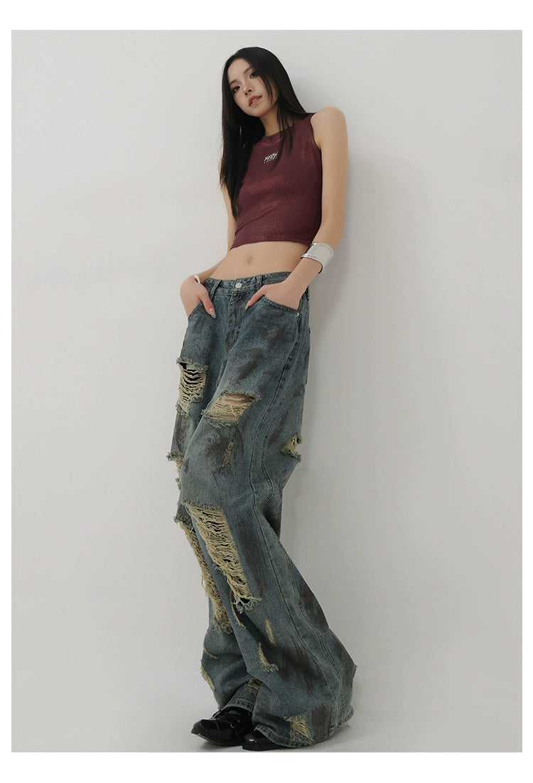 Retro Tie-Dye Distressed Wide-Leg Jeans With Washed Effect And Draping Fit - chiclara