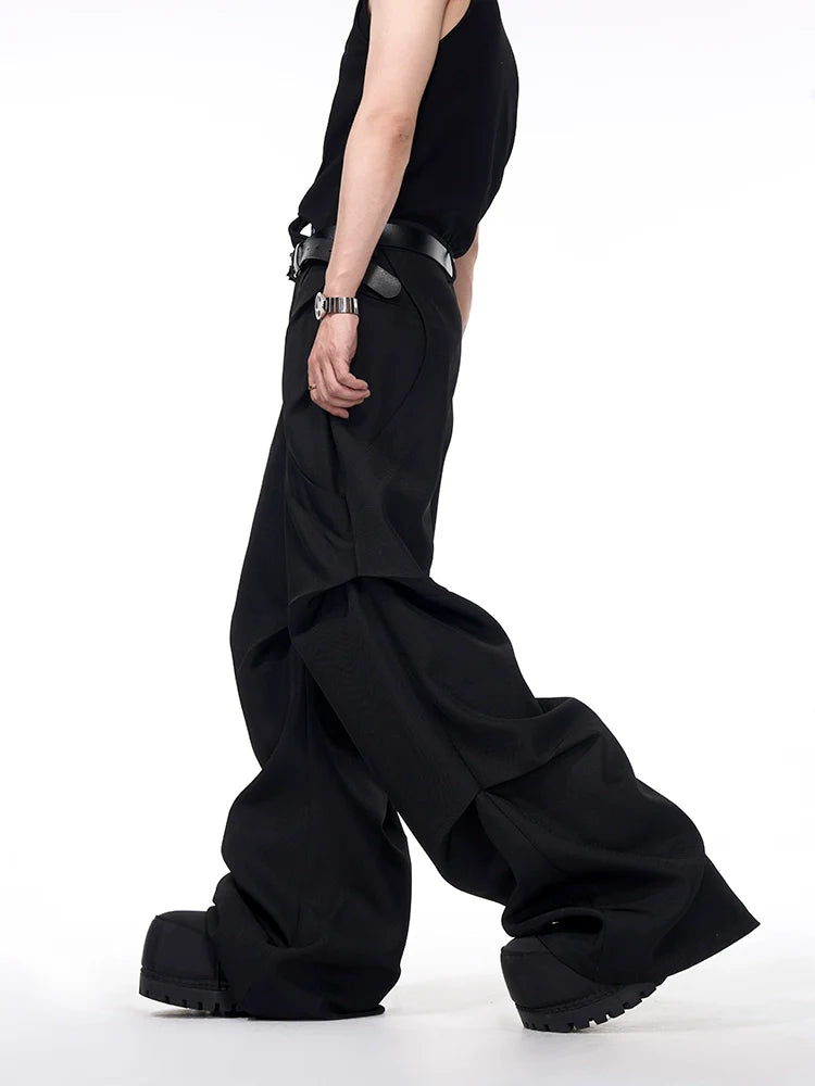 Patchwork Wide-Leg Black Pants with Layered Design
