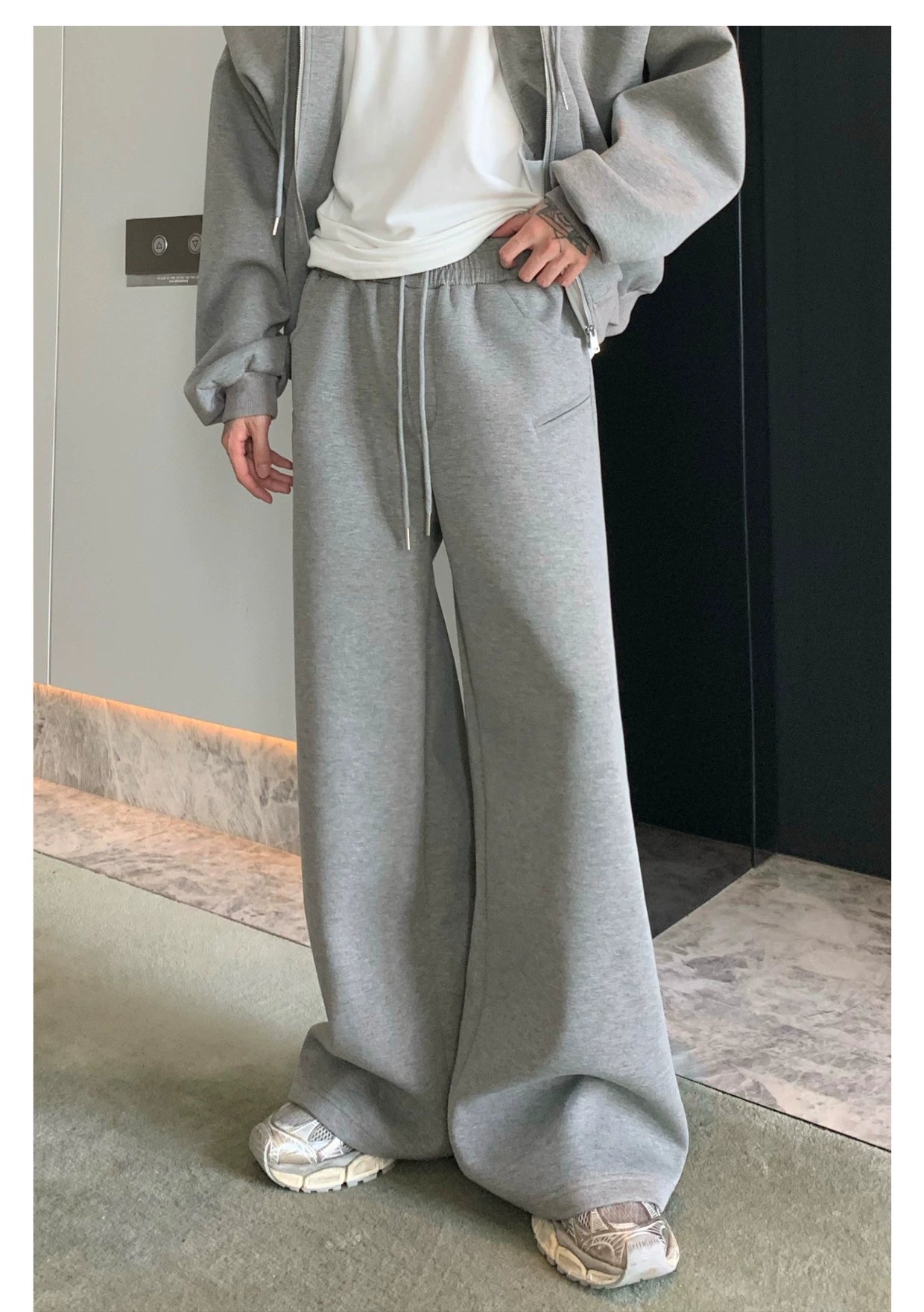 Shoulder-Padded Hoodie Jacket with Straight-Leg Pants Two-Piece Set