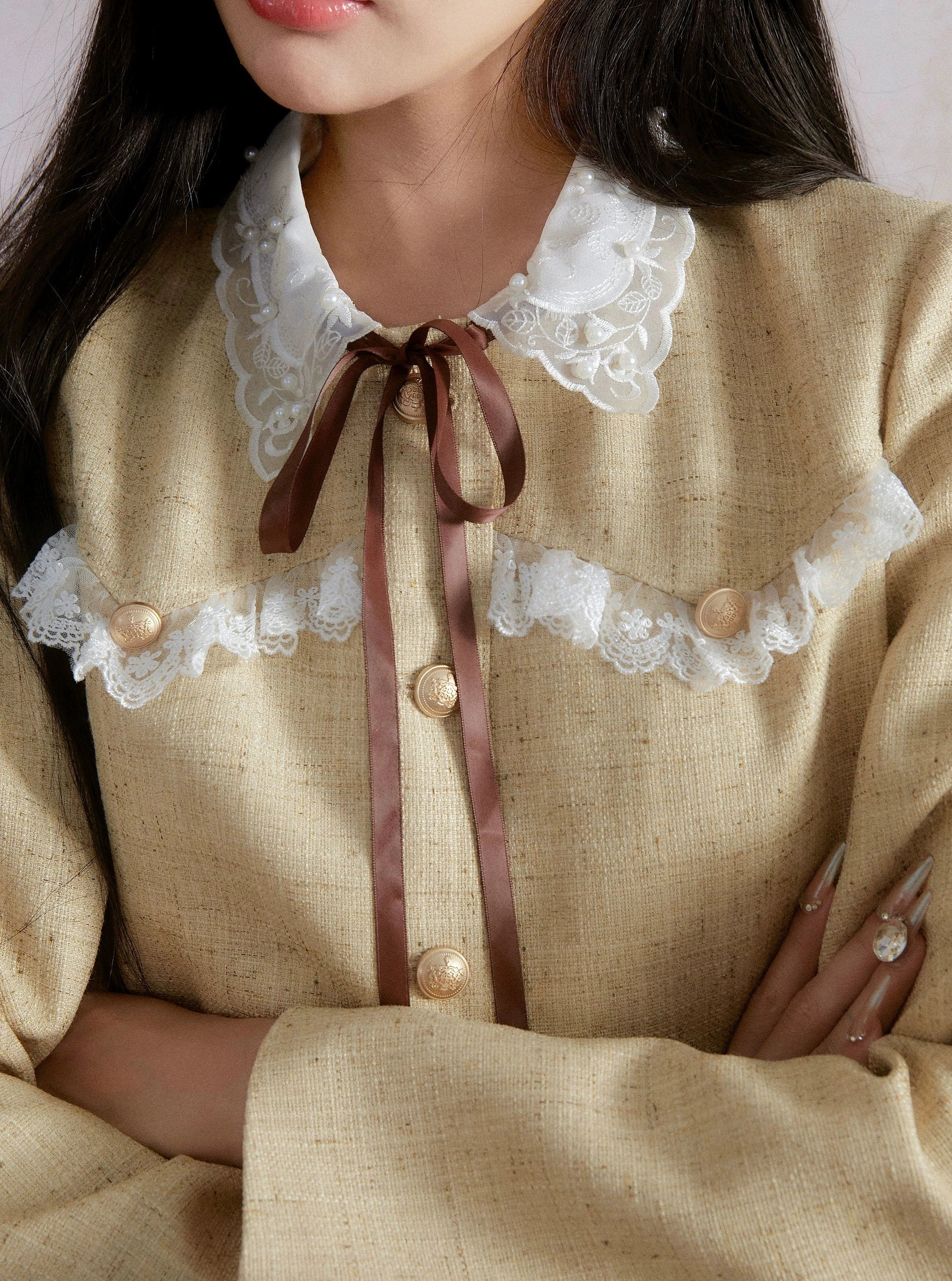 Veste de récolte vintage prairie chic et ensemble de jupe midi midi en ligne - blé doré