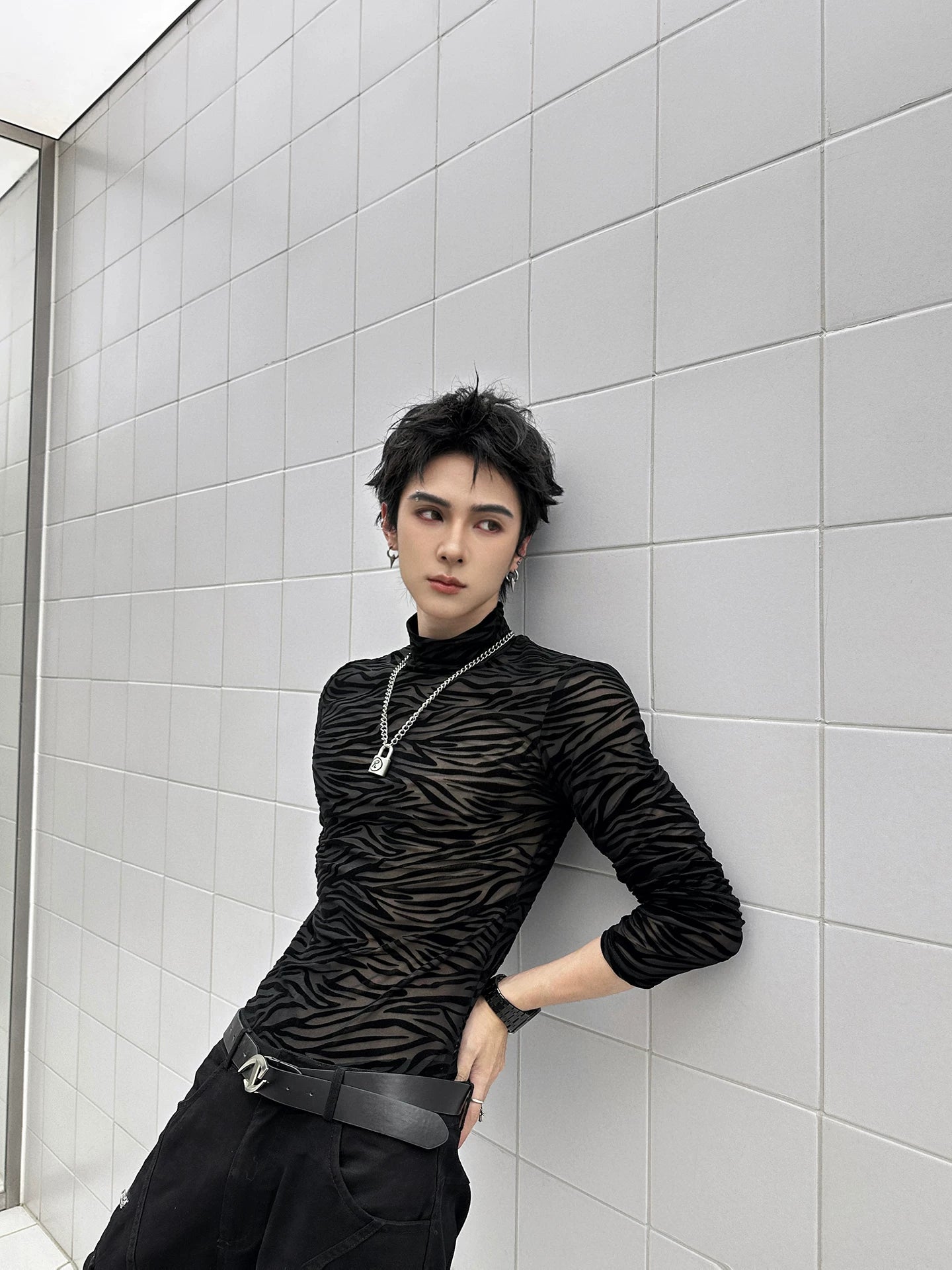 Shadowstripe Sheer Mesh Turtleneck